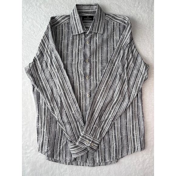 Bugatchi Uomo Shirt Men Size Large Black Paisley Stripe 100% Cotton Button Down - Picture 1 of 7
